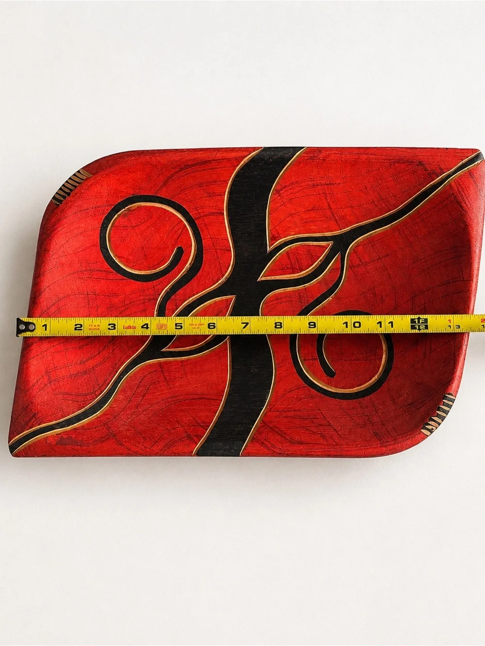 Hand Carved Wood Tray Red Black Gold Abstract Tribal Boho Decor 14 Inch